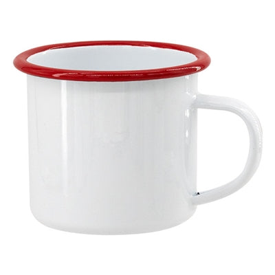 12 oz. White Enamel Camper Mug with Red Rim